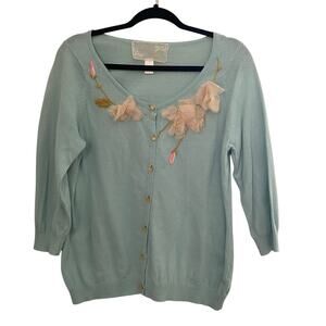 Nick & Me Cardigan Teal Blue Floral 100% Cotton Womens Size Large
